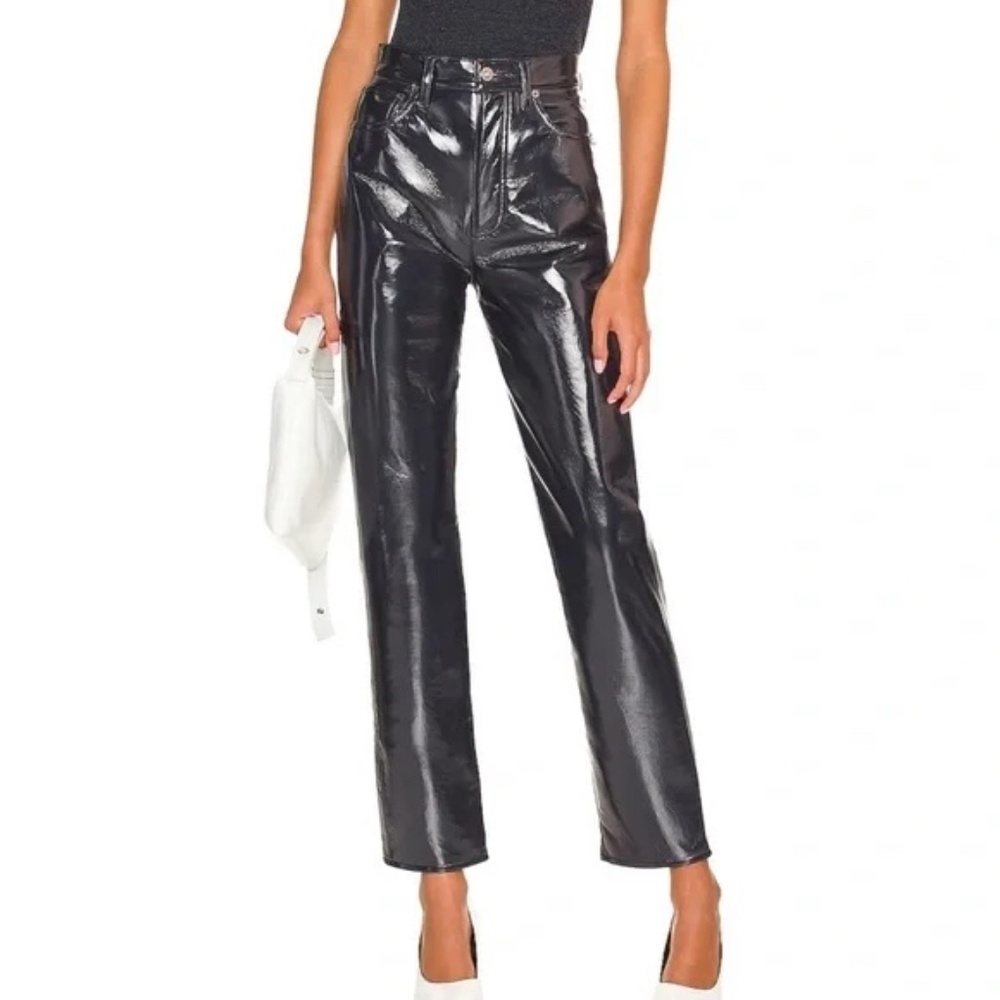 AGOLDE Recycled Leather 90’s Pinch Waist Pants Patent Slate Black  Size 27 NWT